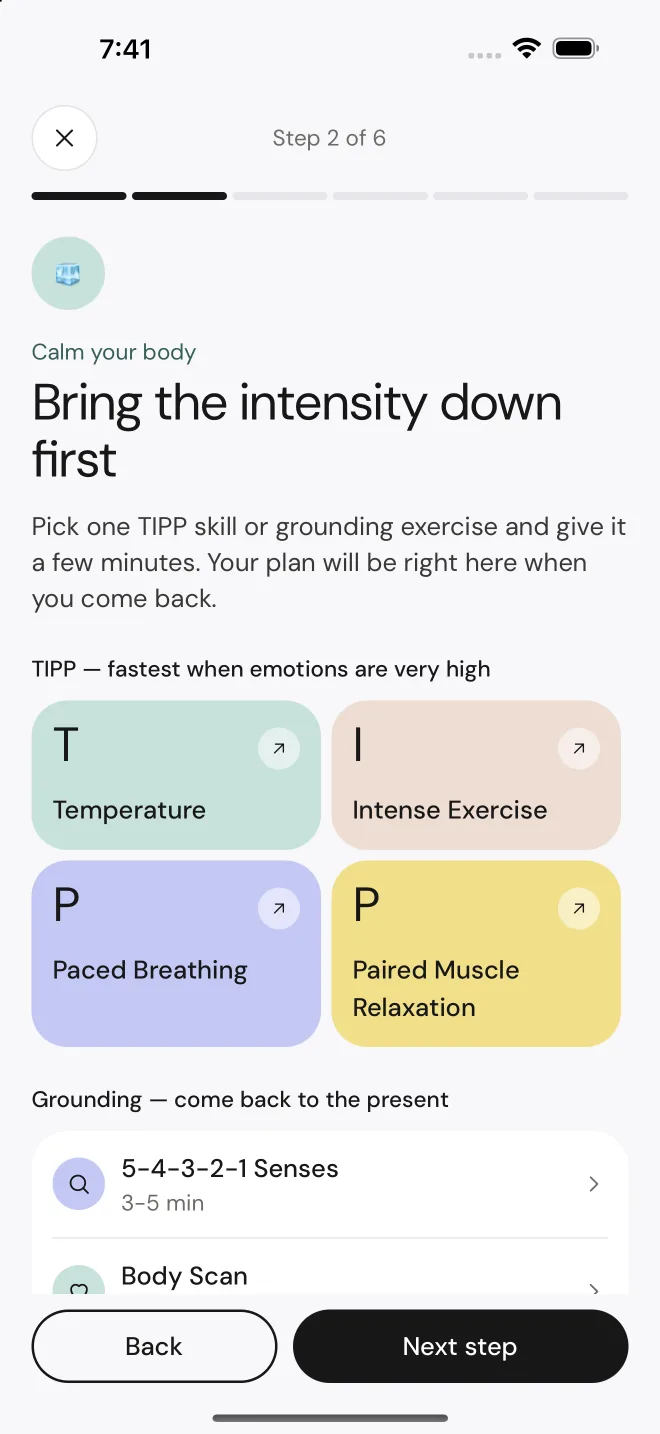 Skillful’s calm-your-body step, with TIPP tiles for Temperature, Intense Exercise and Paced Breathing